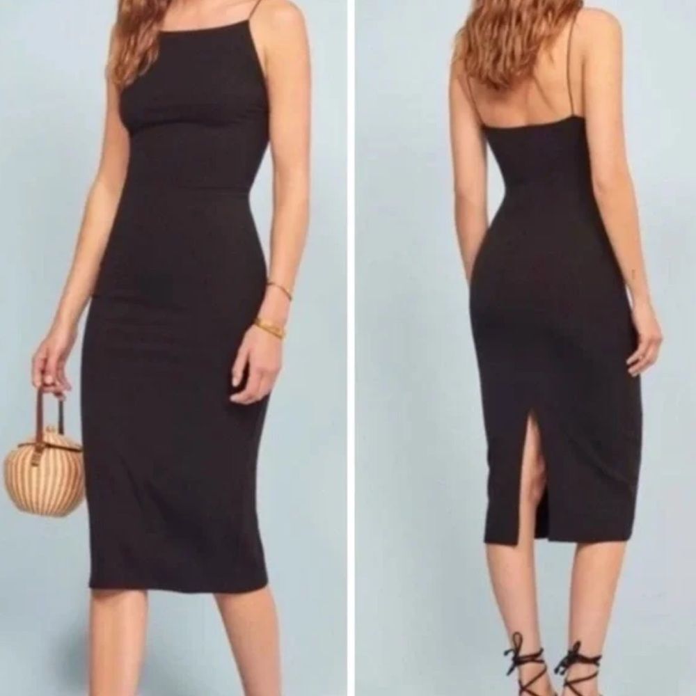Reformation Rockie Black Ribbed Bodycon Midi Dress Spaghetti-Strap Fitted Sz S
